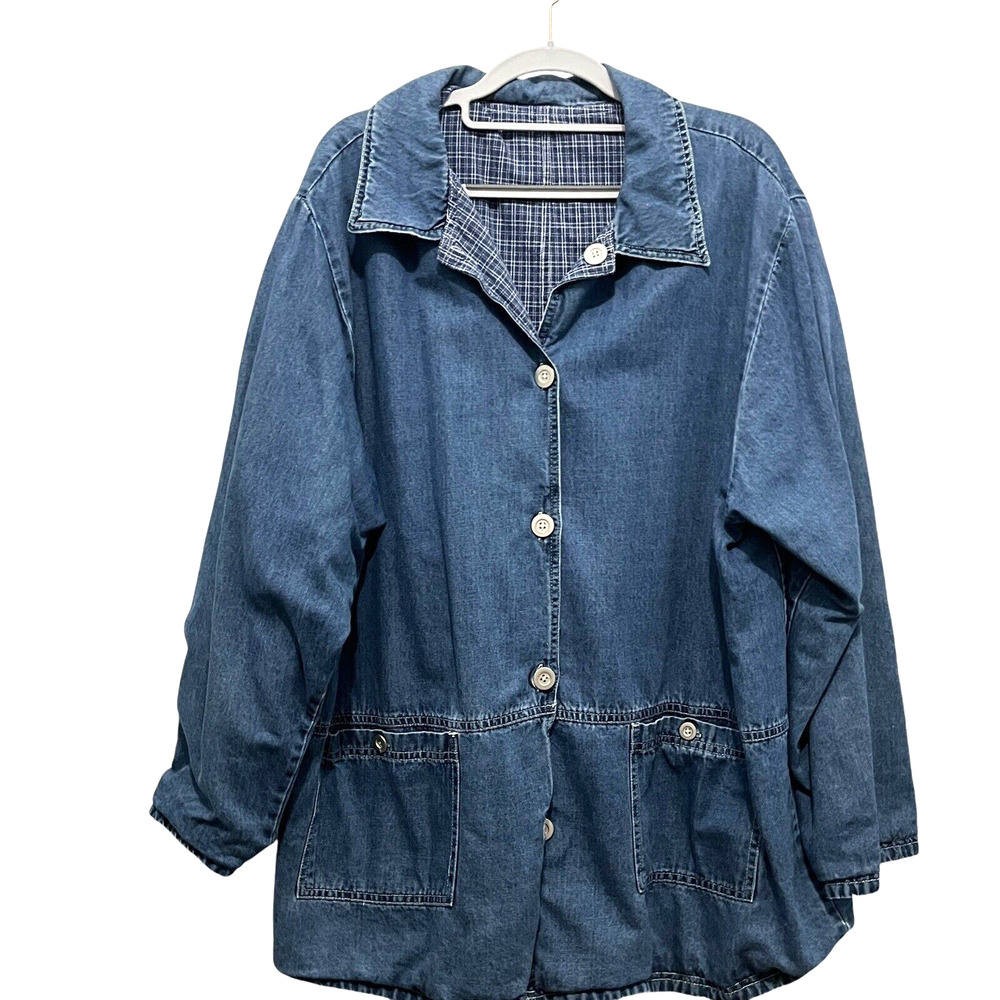 Denim & Co Chore Jacket Women Size XL Oversized Reversible Denim Plaid Blue